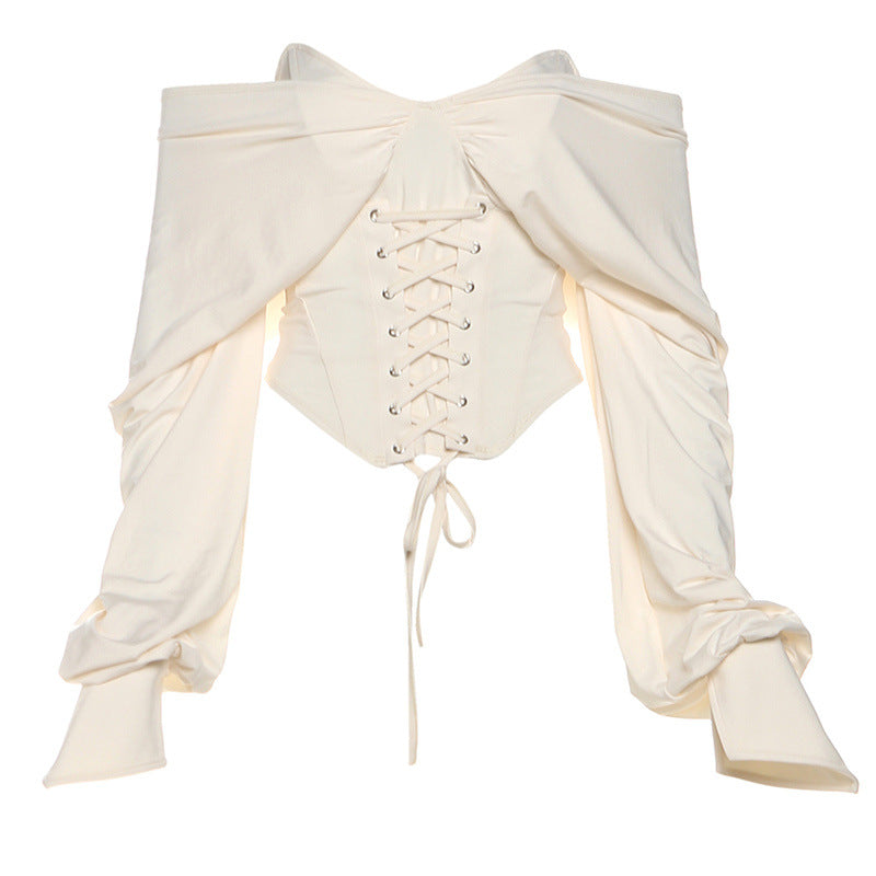 Éclatante Omuz Açık Dantel Bağlamalı Kısa Bluz