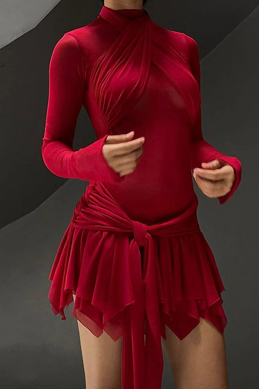 Çapraz Beden Asimetri Mini File Elbise