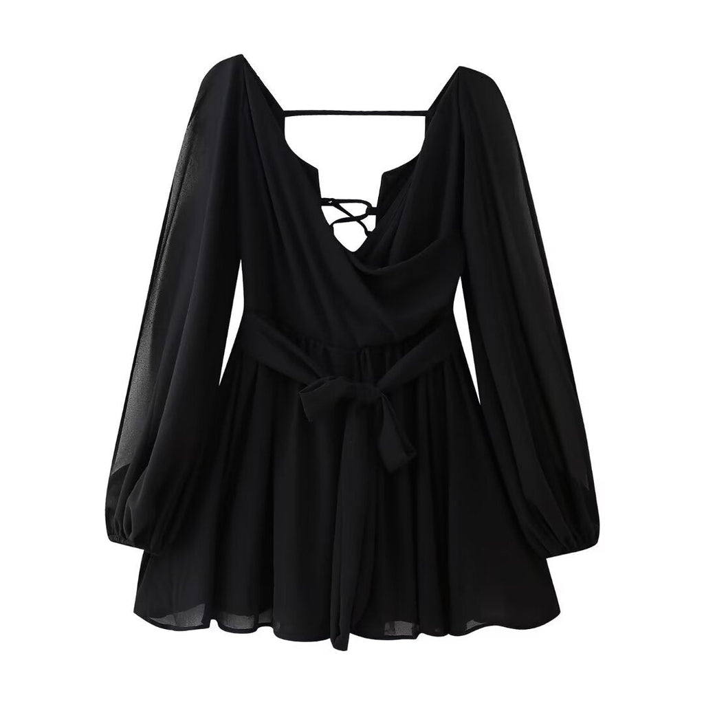 Uzun Kol Detaylı Volanlı Mini Elbise