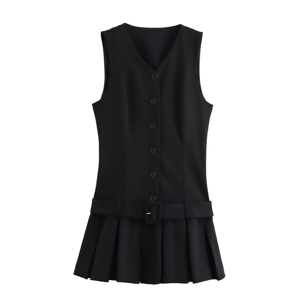 Kolsuz Düğmeli Pileli Mini Elbise