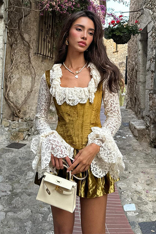 Mona Kare Yaka Kadife Korse Takım