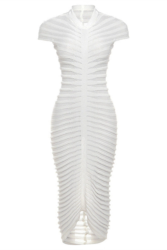 Erica Pileli Çizgili Midi Triko Elbise