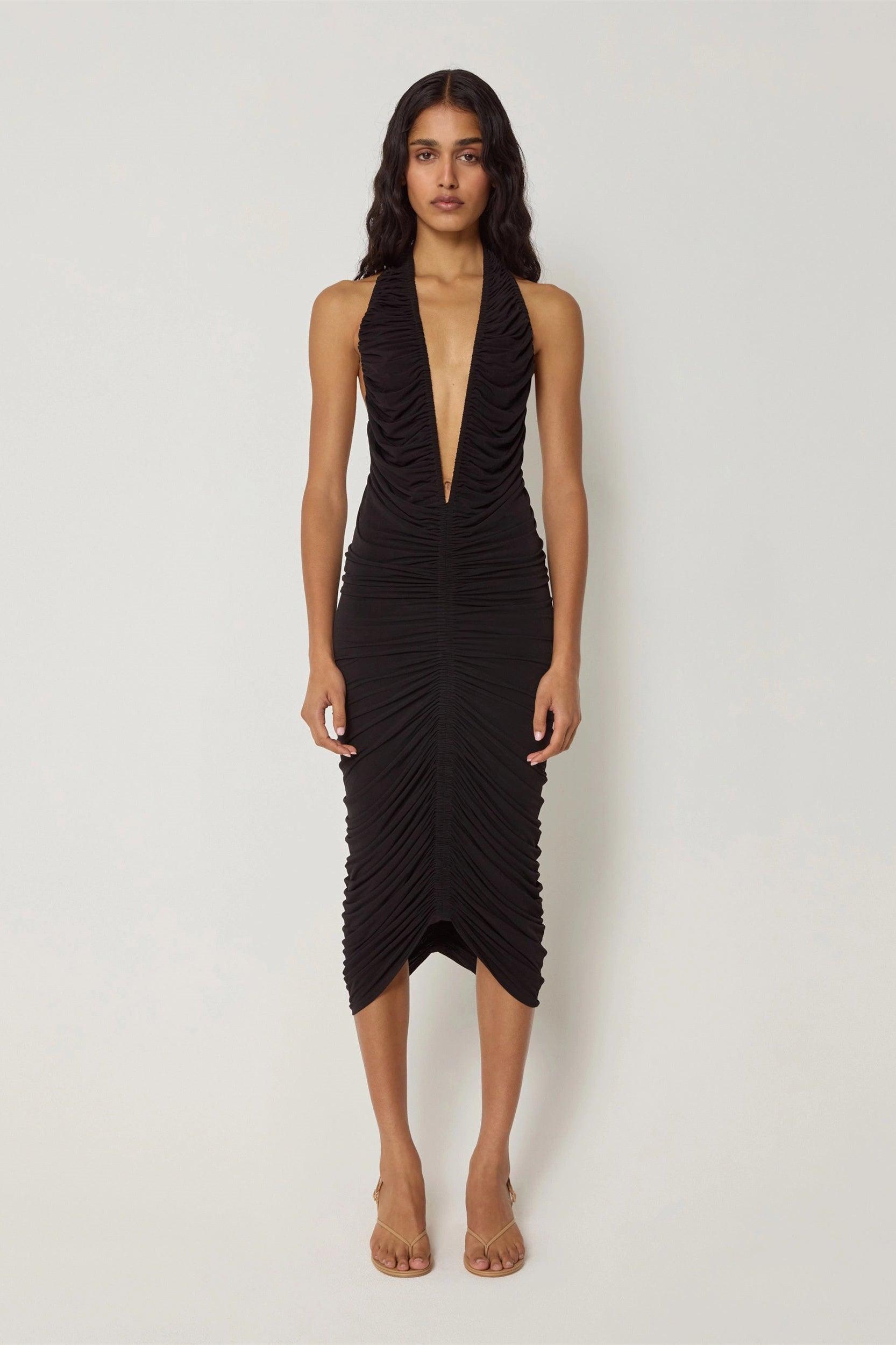 Joanna Boyundan Bağlamalı Dantelli Sırtı Açık Midi Elbise