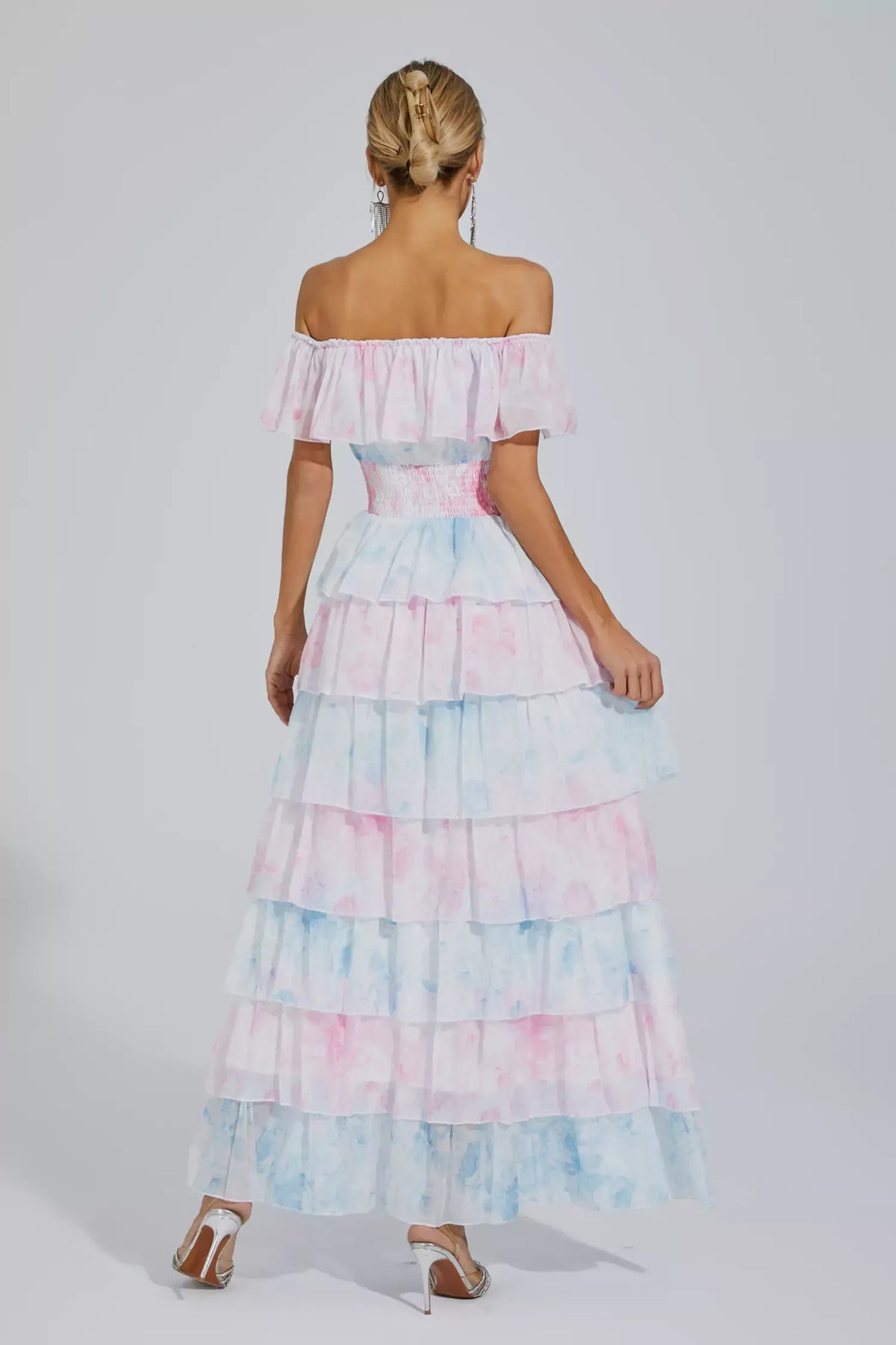 Paola Mavi Pembe Renkli Dantelli Maxi Elbise