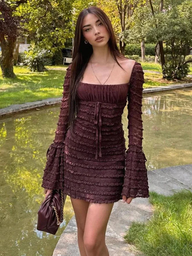 İspanyol Kol Dantelli Mini Elbise