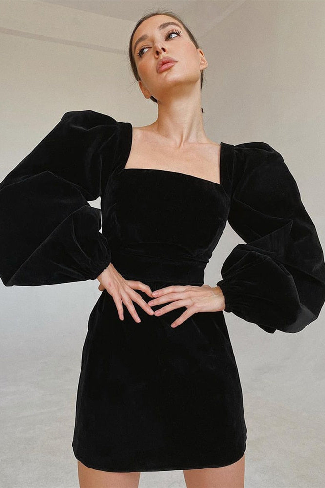 Janice Puf Kol Kadife Mini Elbise
