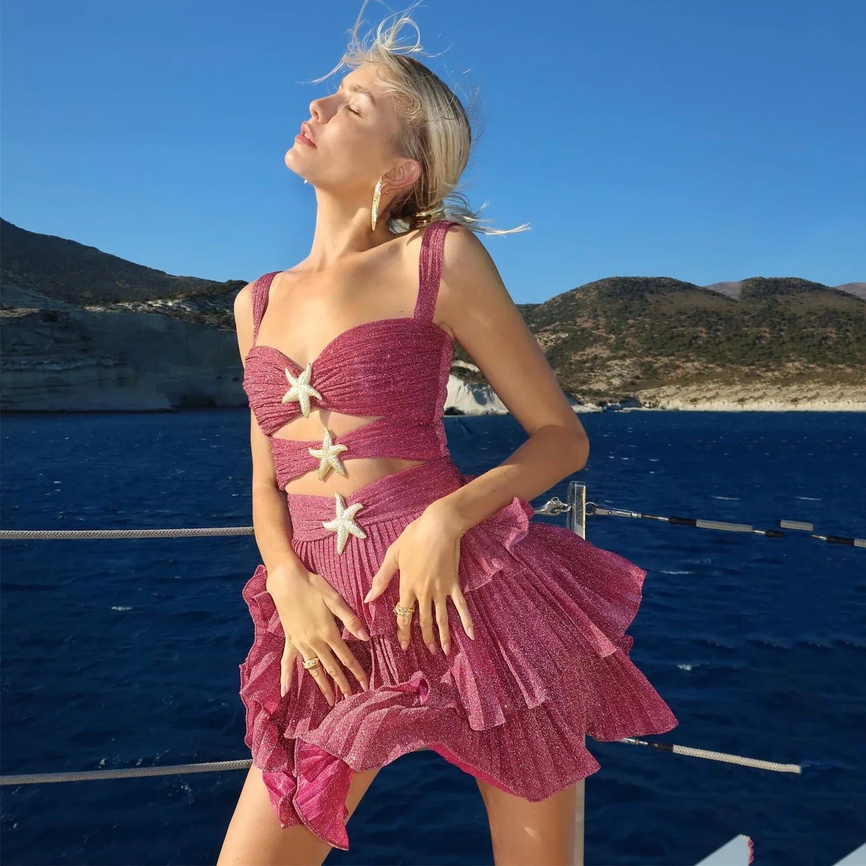 Juquehy Simli Fırfır Toka Detaylı Mini Elbise