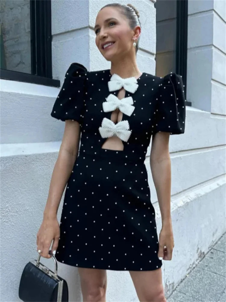 Karpuz Kol Puantiye Baskı Göğüs Detaylı Mini Elbise