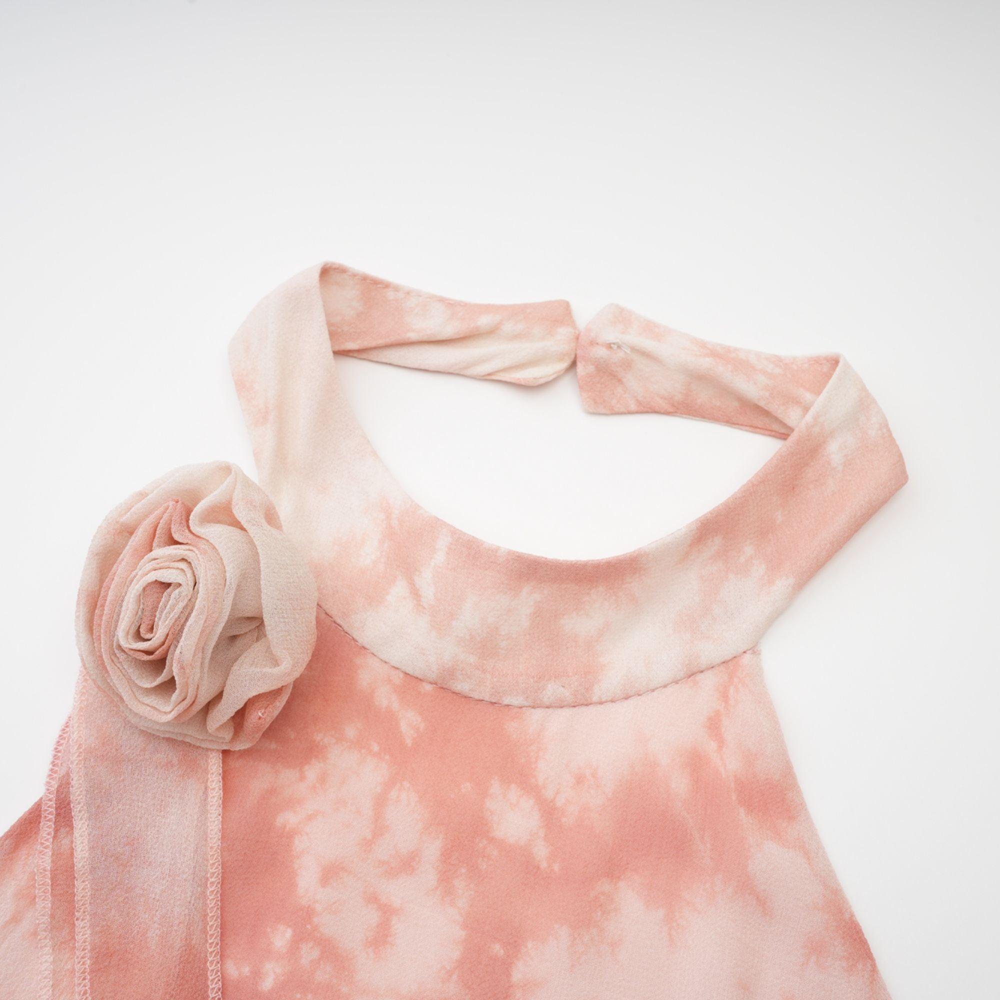 Rosa Gül Detaylı & Fırfırlı Pembe Desenli Mini Elbise