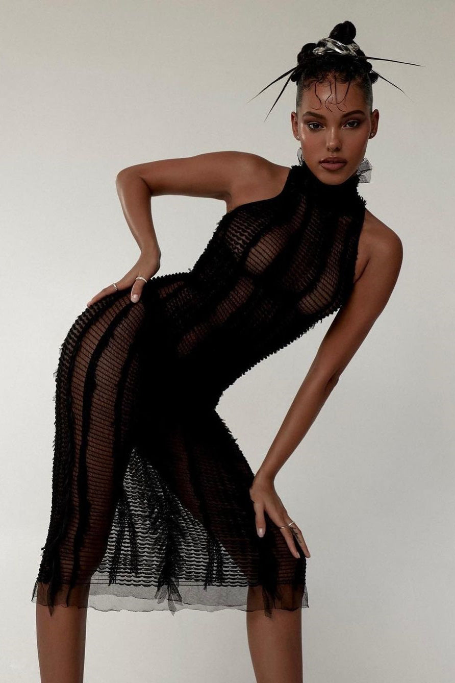 Bonnie Balıkçı Yaka Fırfırlı Midi Elbise