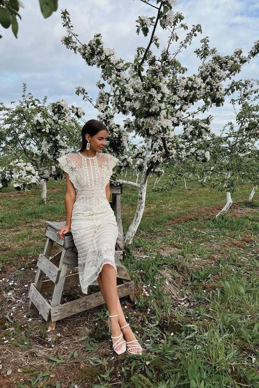 Lydia Çiçek İşlemeli File Midi Elbise