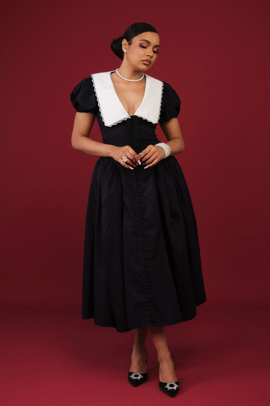 Athena Bebek Yaka Puf Kol Midi Elbise