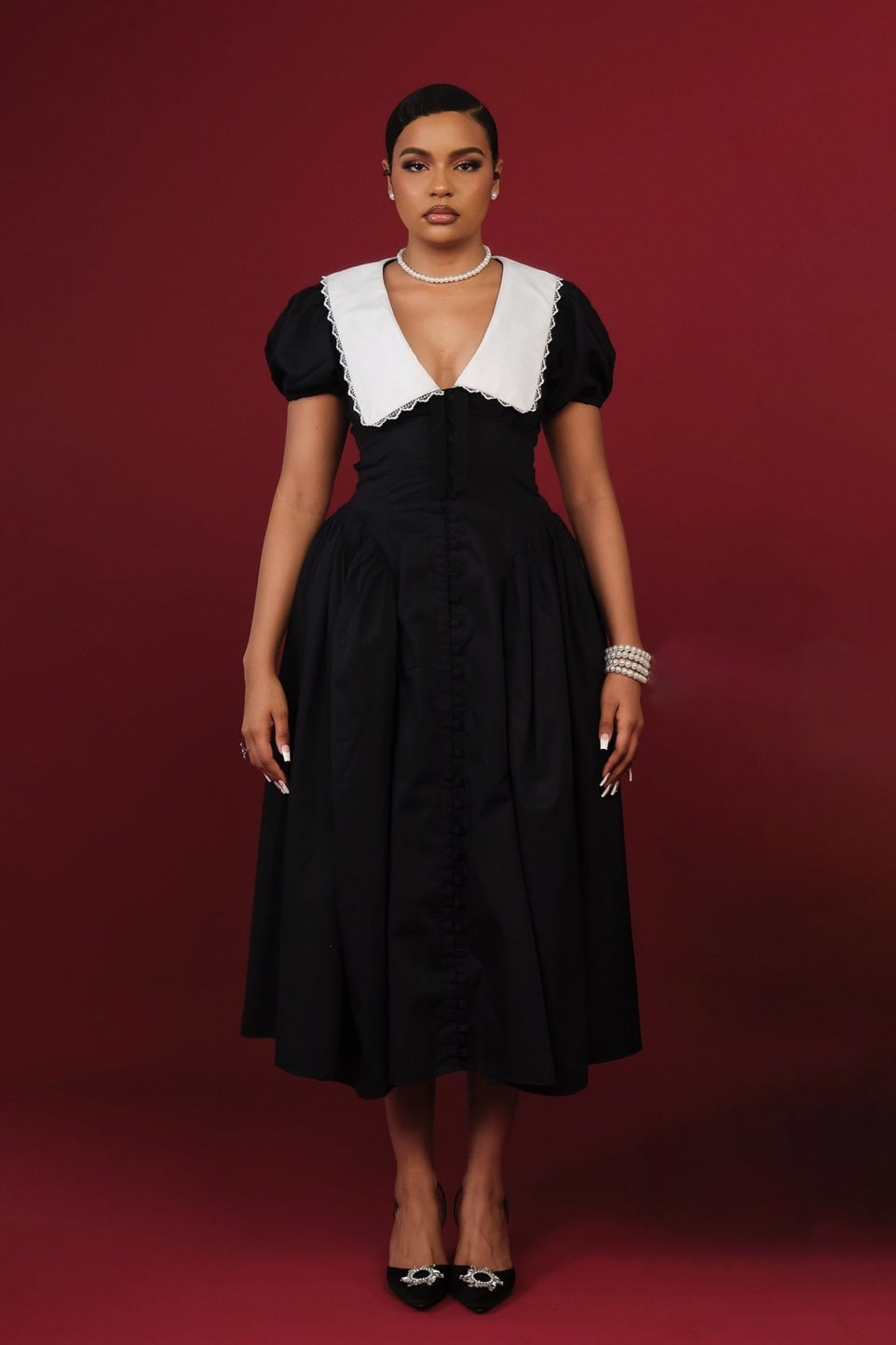 Athena Bebek Yaka Puf Kol Midi Elbise