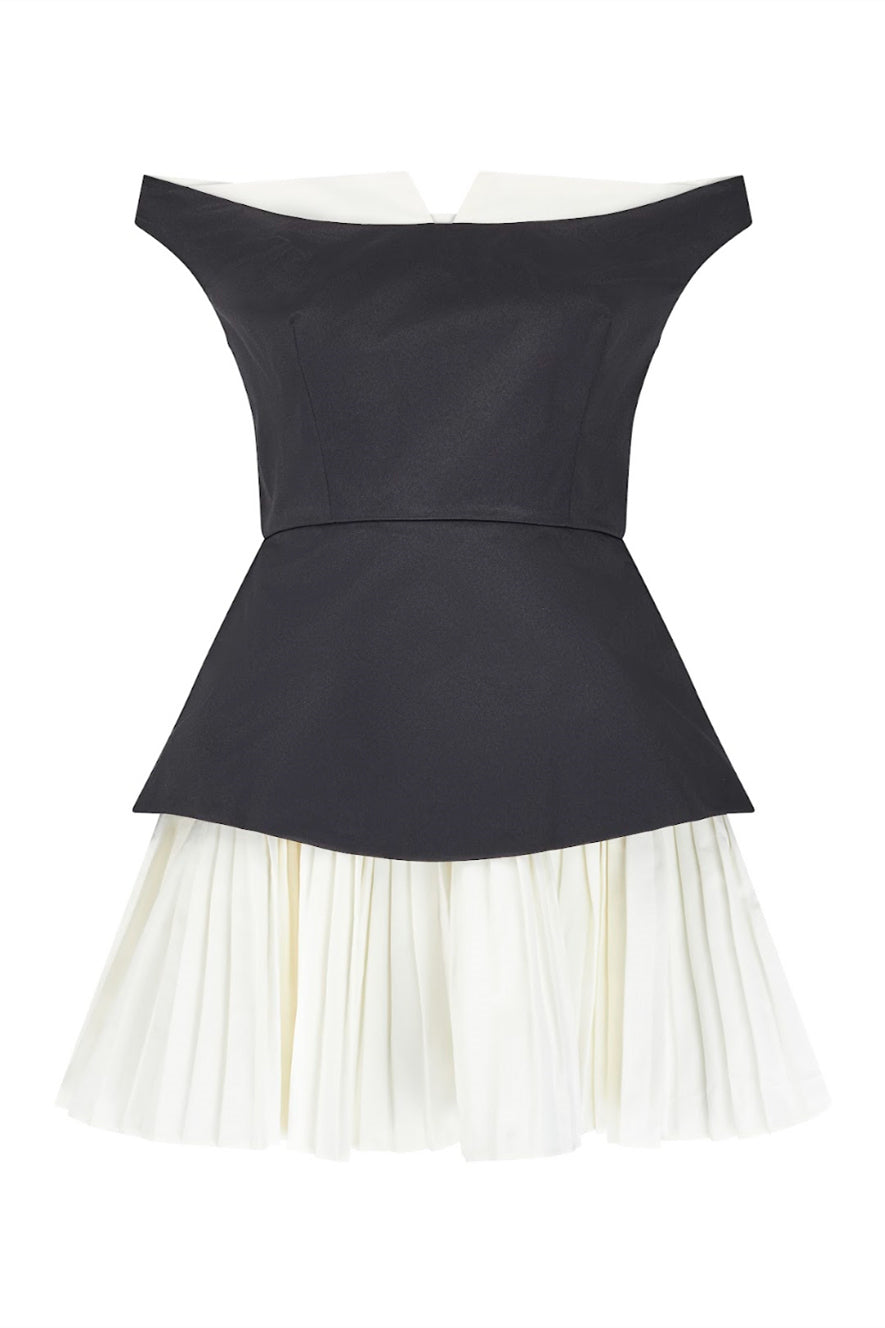 Bertha Renk Bloklu Düşük Omuz Mini Elbise