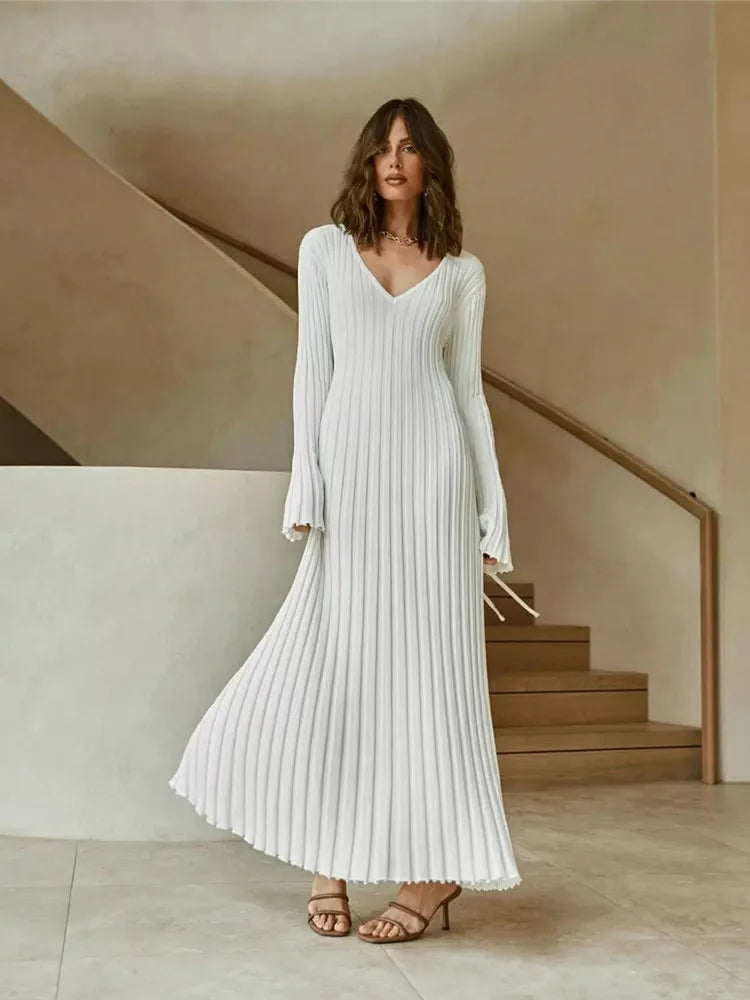 Geniş Fitilli V yaka Maxi Elbise