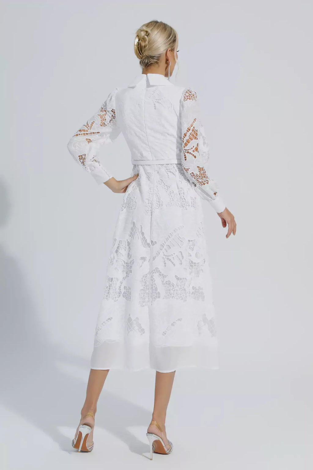 Sloan Beyaz Hollow Uzun Kollu Midi Elbise