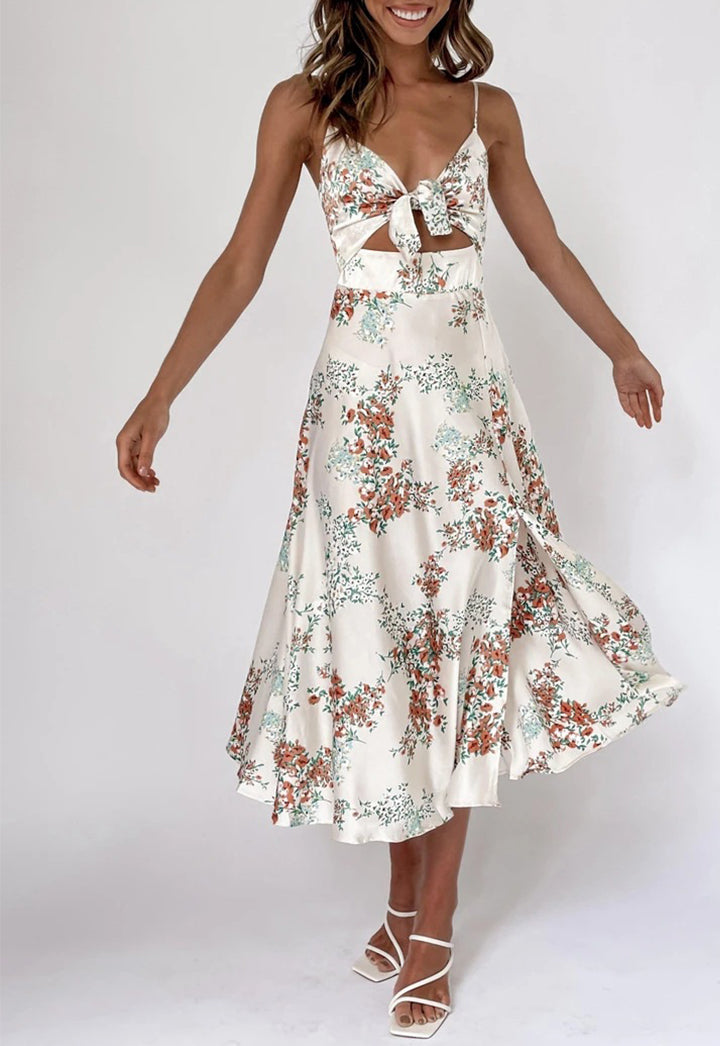 Saten Çiçekli Bölmeli Göğüs Düğmeli Midi Elbise