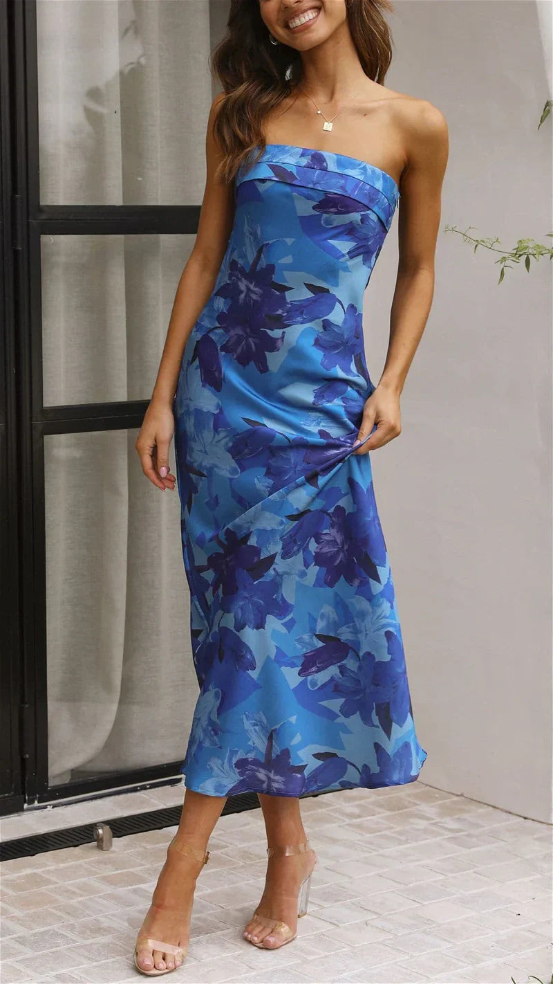 Çiçekli Saten Katlamalı Büst Elbise