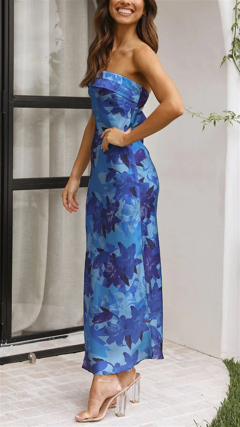 Çiçekli Saten Katlamalı Büst Elbise