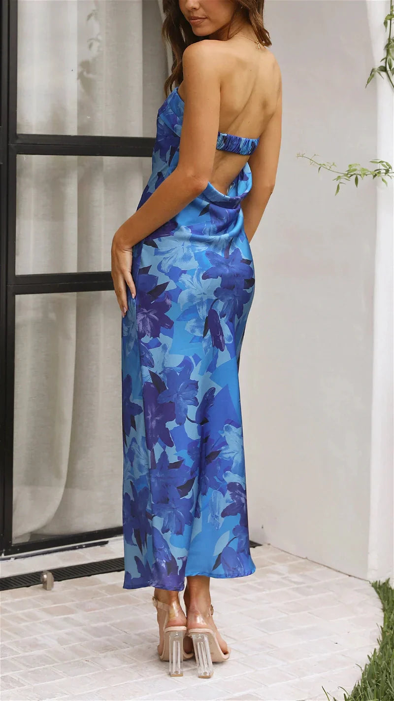 Çiçekli Saten Katlamalı Büst Elbise