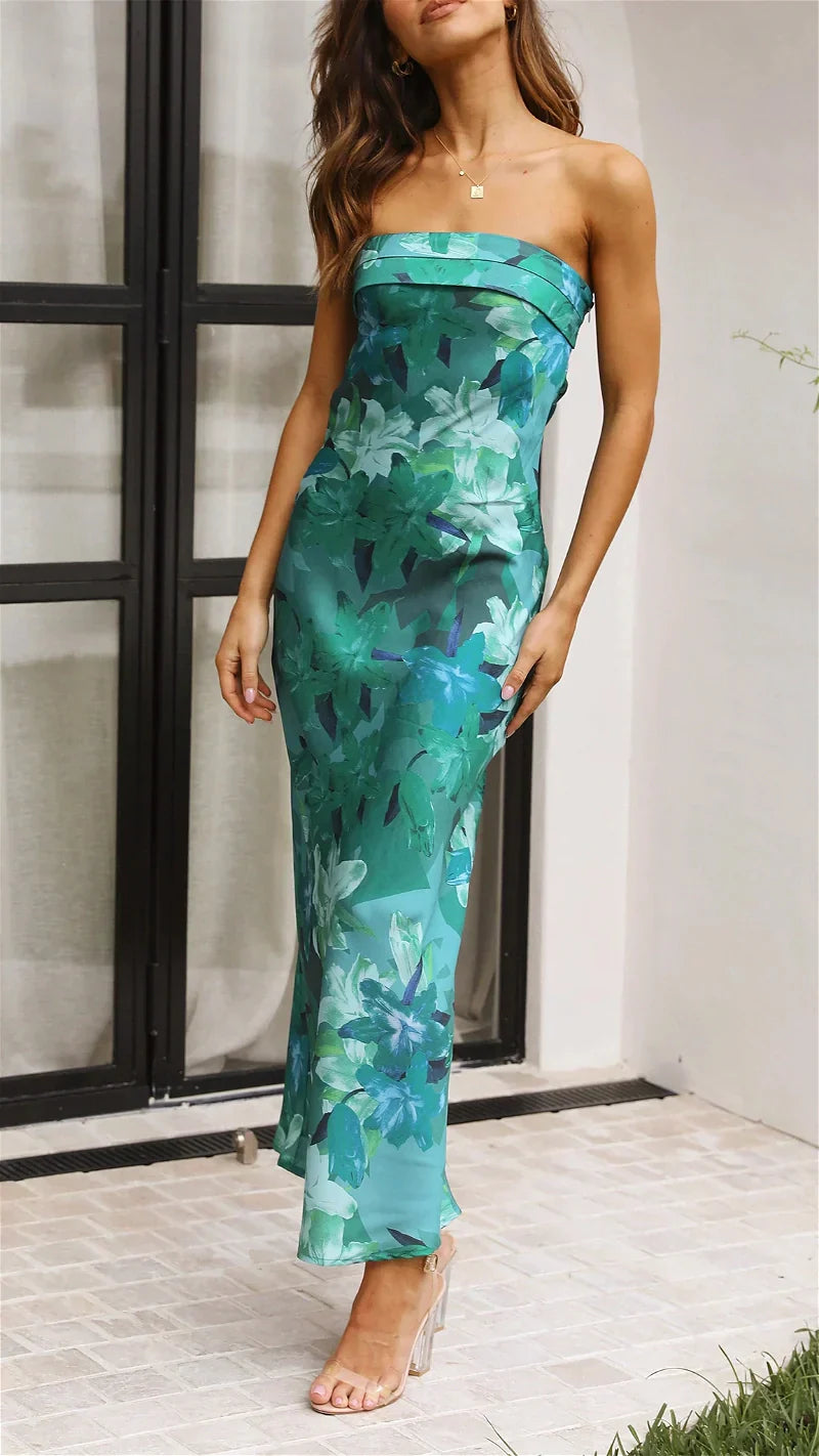 Çiçekli Saten Katlamalı Büst Elbise