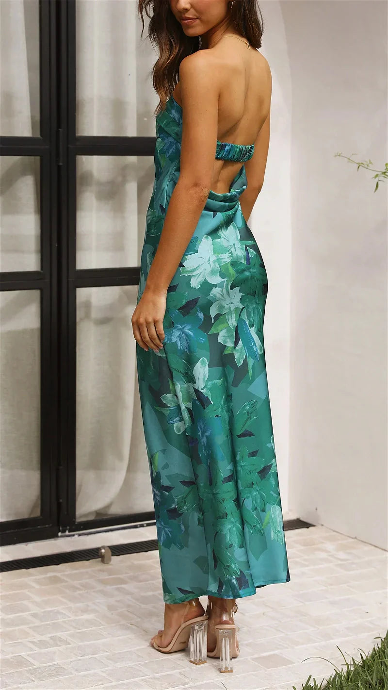 Çiçekli Saten Katlamalı Büst Elbise