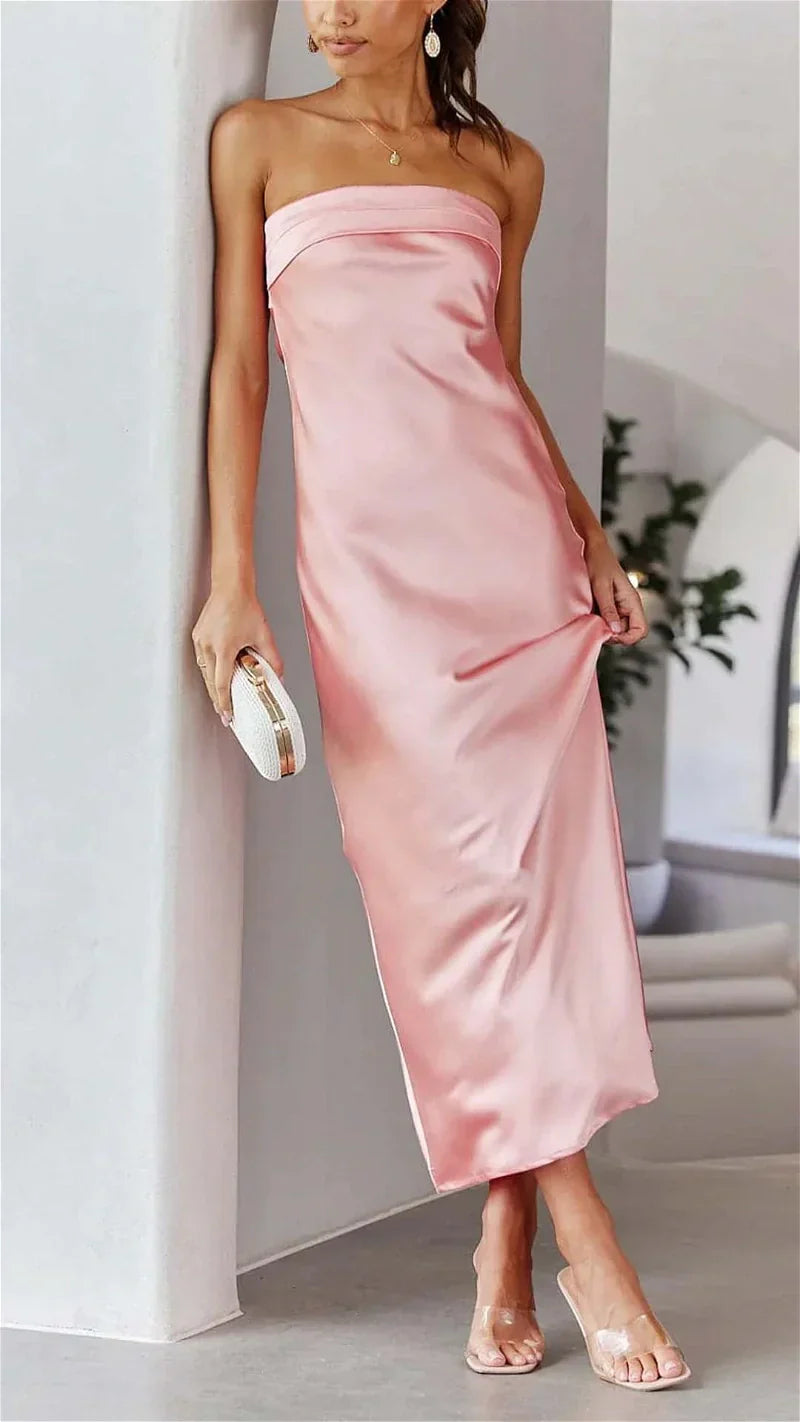 Saten Katlamalı Göğüs Üstü Maksi Elbise