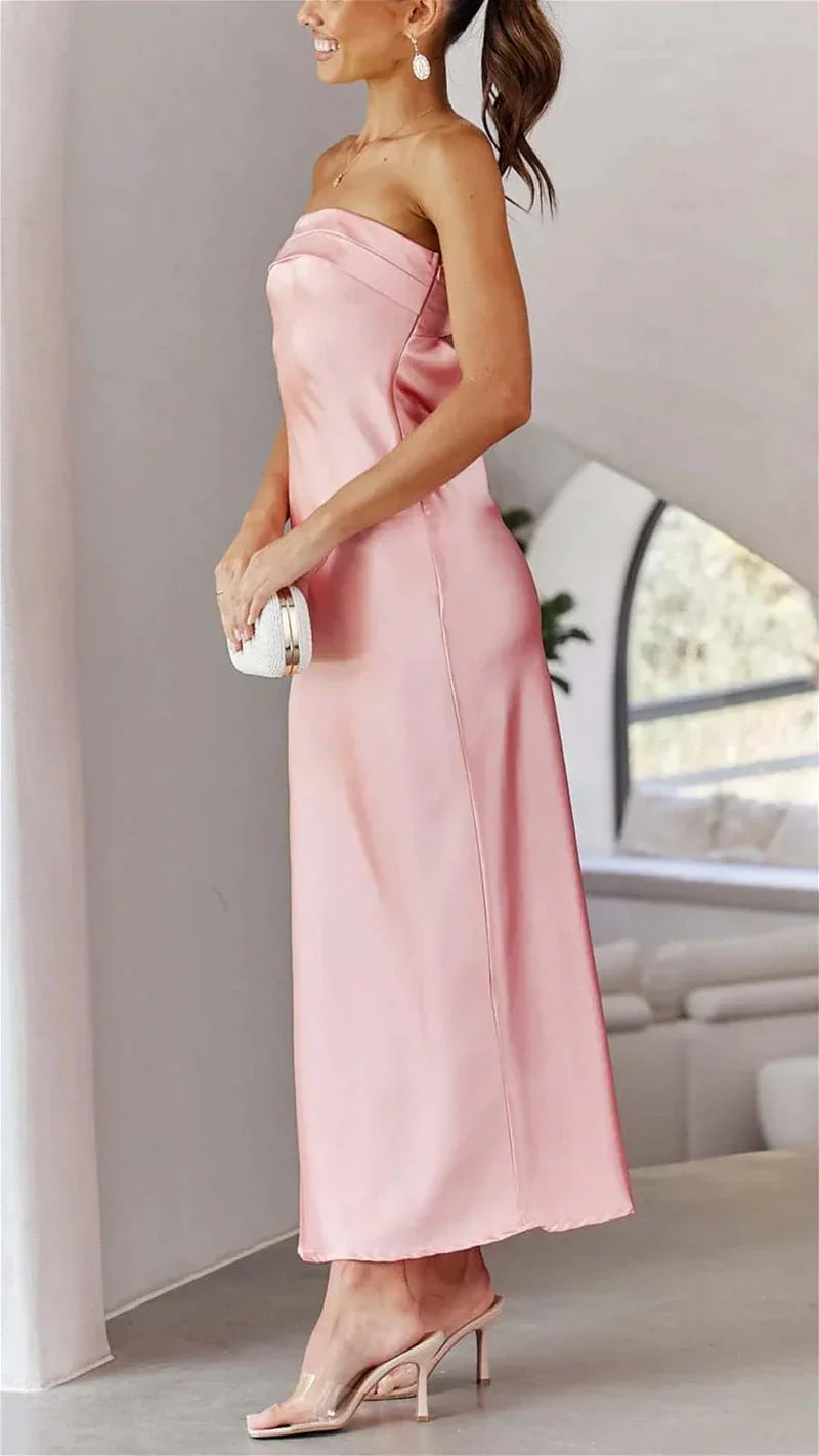 Saten Katlamalı Göğüs Üstü Maksi Elbise