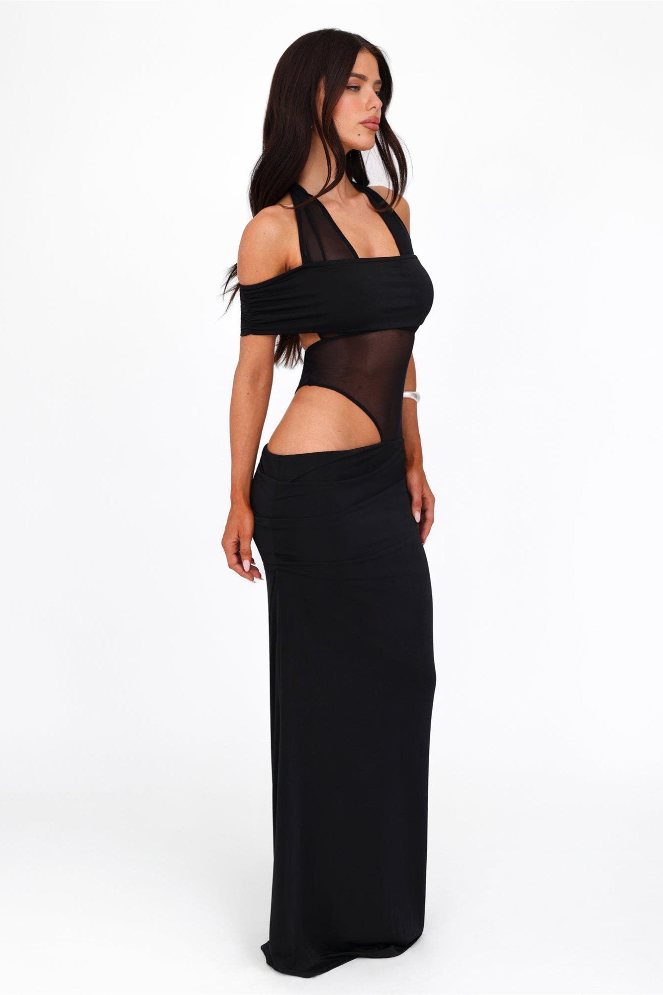 Diana Asimetrik Kesim Transparan Uzun Elbise