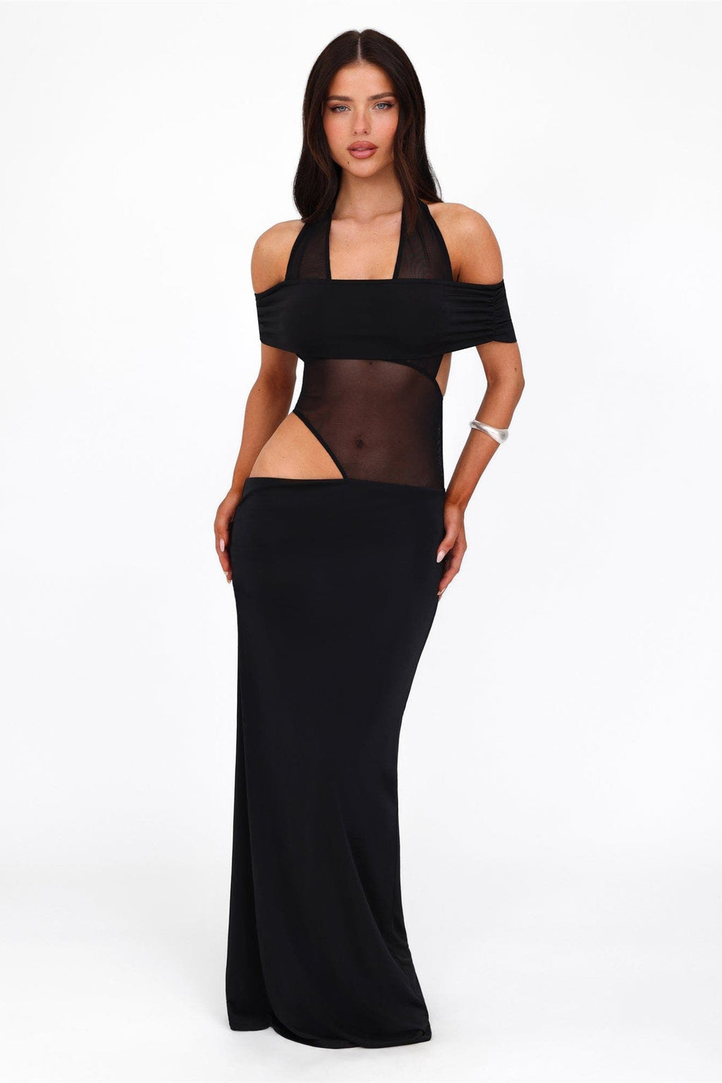 Diana Asimetrik Kesim Transparan Uzun Elbise