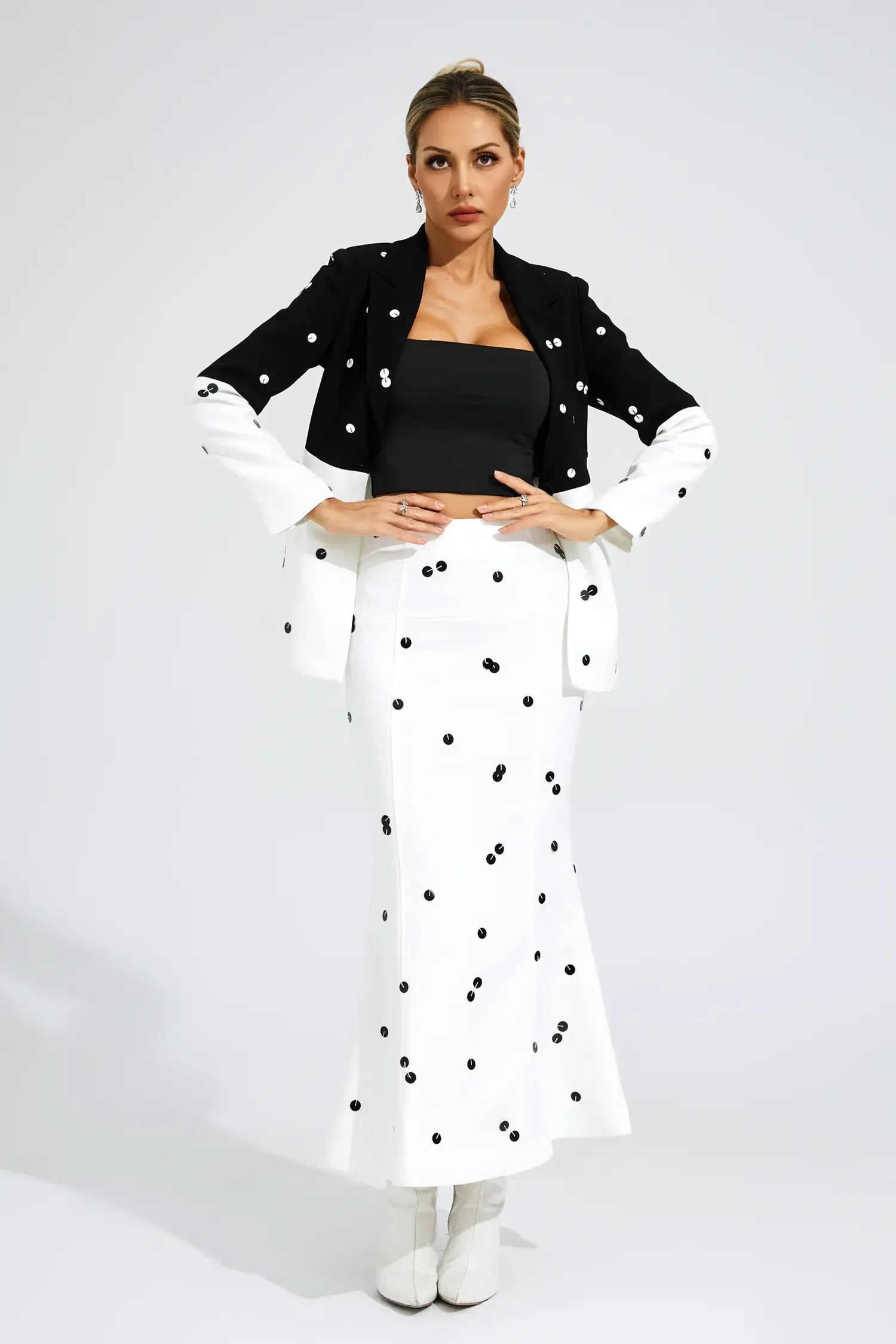 Noella Beyaz Puantiyeli Payetler Blazer Takım