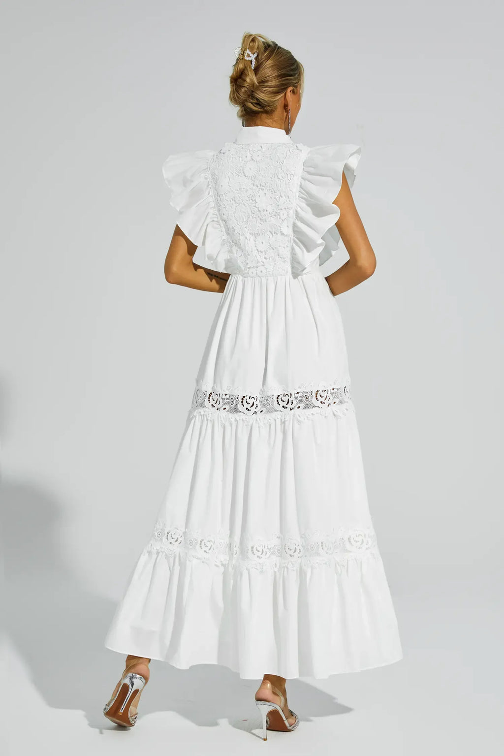 Wesley Beyaz Kolsuz Fırfırlı Maxi Elbise