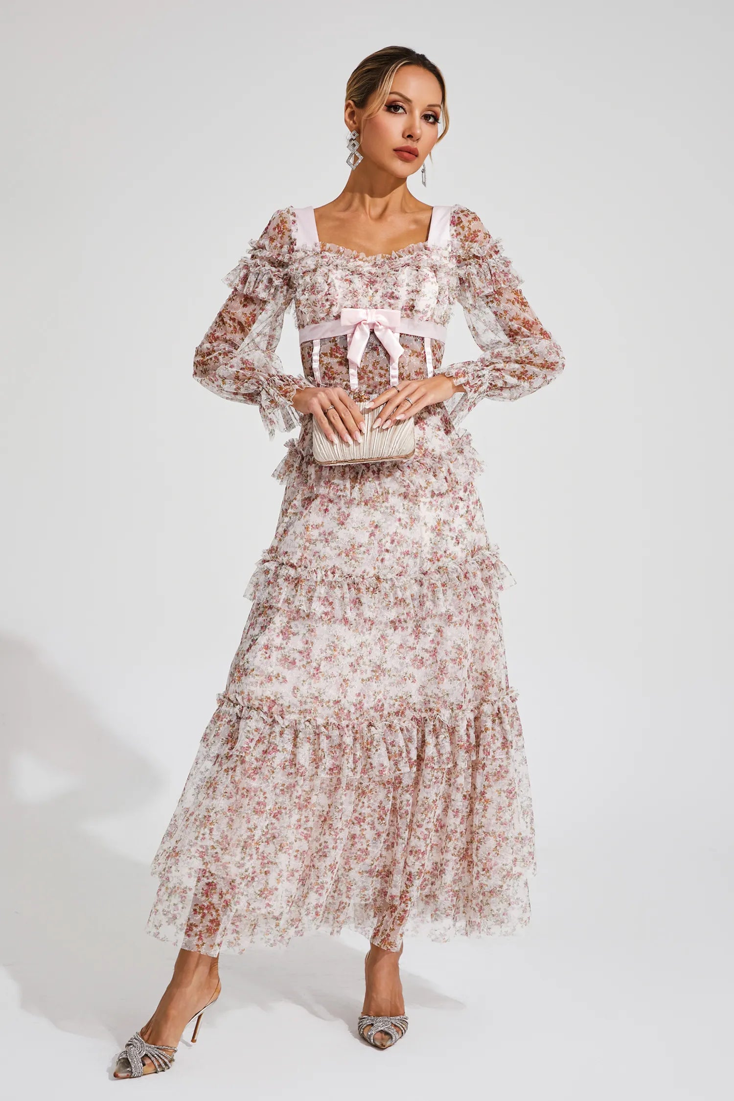 Mira Pembe Çiçekli Uzun Kollu Uzun Elbise