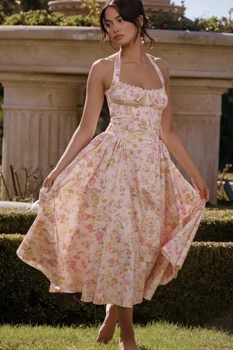 Abigail Baskılı Boyundan Bağlı Korse Midi Elbise