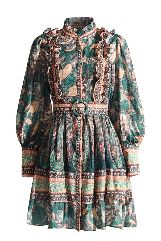 Abigail Baskılı Fırfırlı Kuşaklı Mini Gömlek Elbise