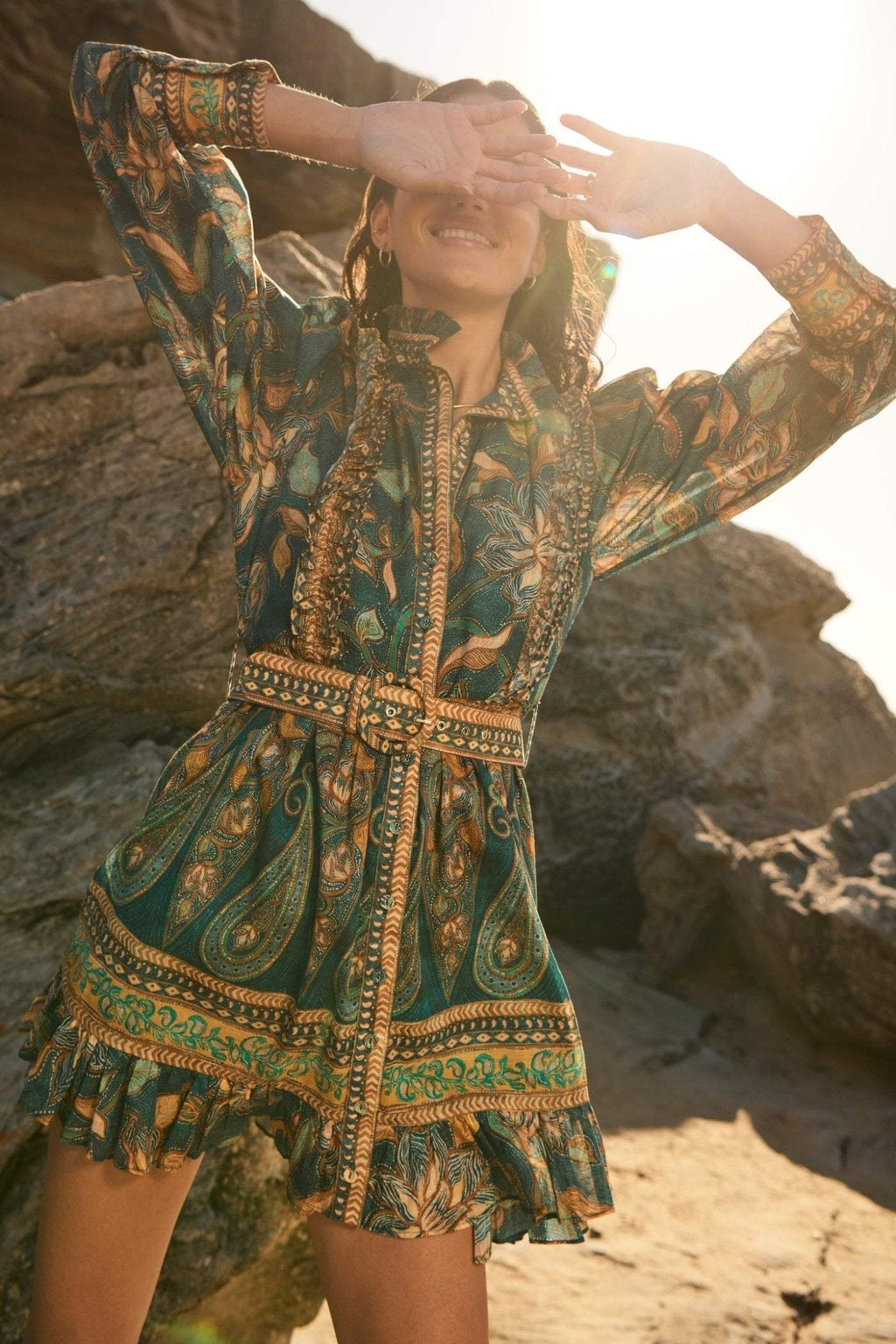 Abigail Baskılı Fırfırlı Kuşaklı Mini Gömlek Elbise