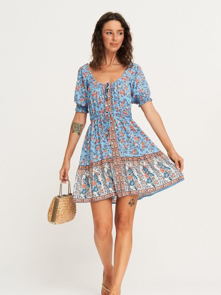 Aditi Baskılı Bağcıklı Mini Köylü Elbisesi