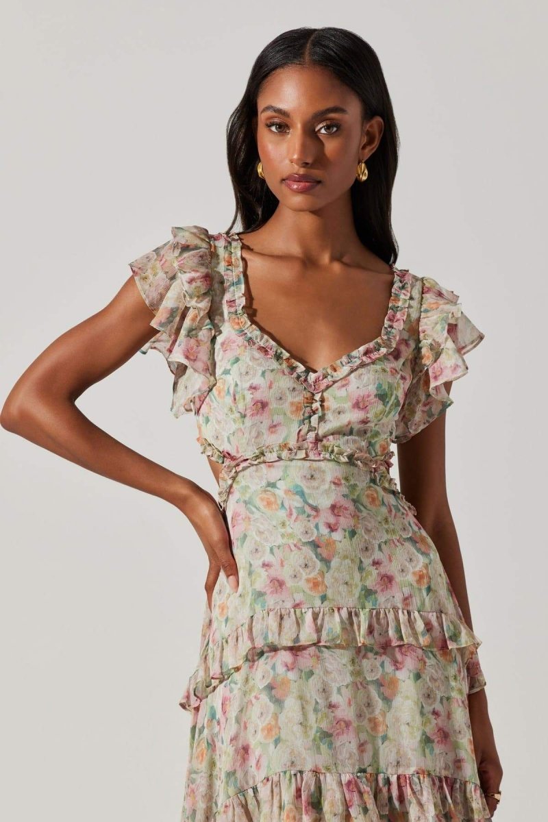 Agatha Baskılı Fırfırlı Cut-Out Midi Elbise