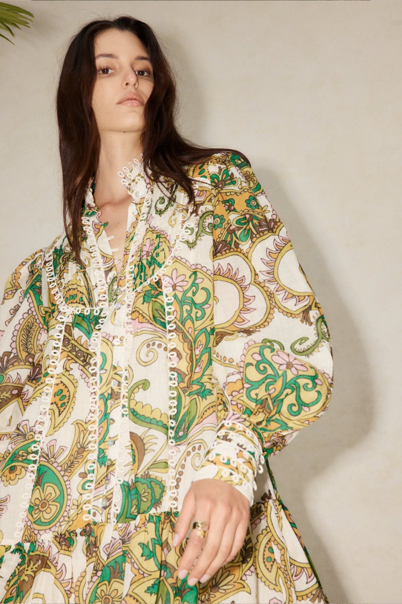 Alani Baskılı Dantelli Katlı Mini Gömlek Elbise