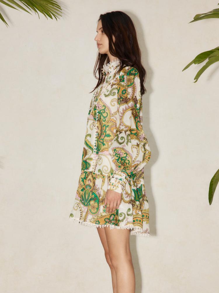 Alani Baskılı Dantelli Katlı Mini Gömlek Elbise
