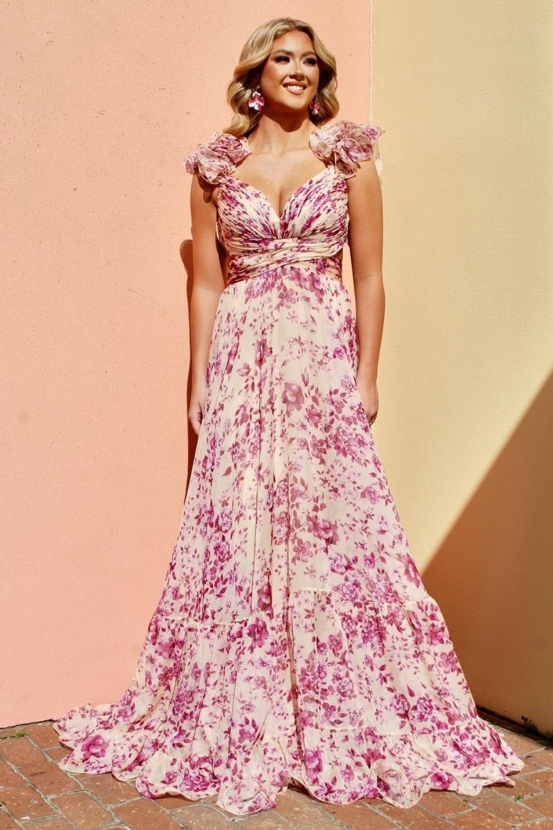 Alania Baskılı Fırfırlı Bağcıklı Uzun Elbise