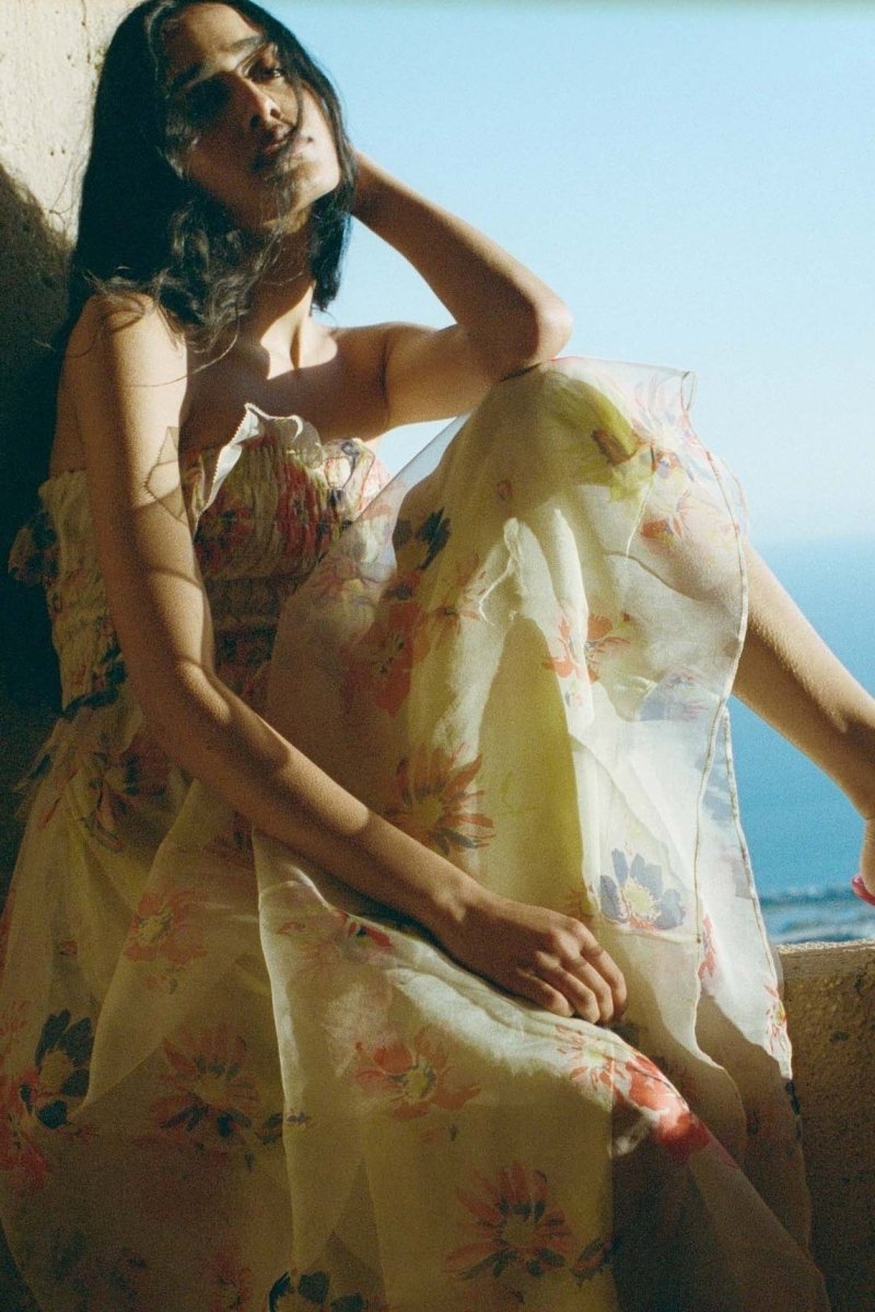 Alberta Baskılı Büzgülü Fırfırlı Maxi Elbise