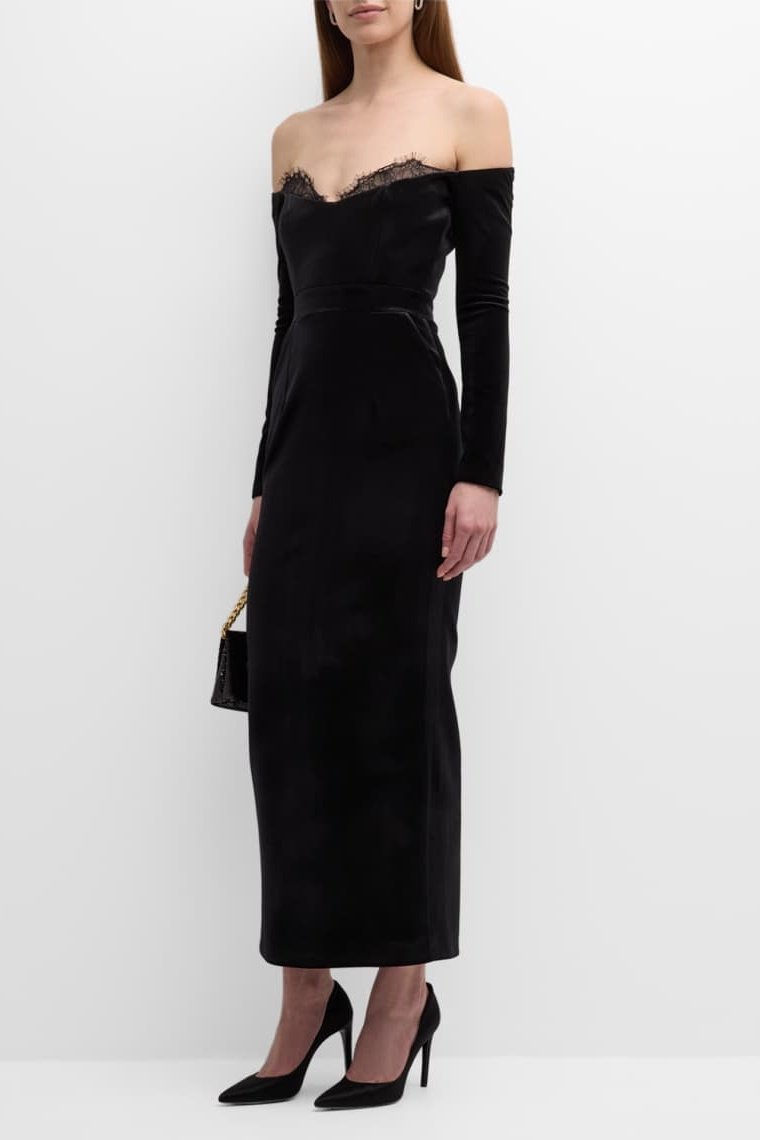 Alexandra Düşük Omuzlu Dantelli Maxi Elbise