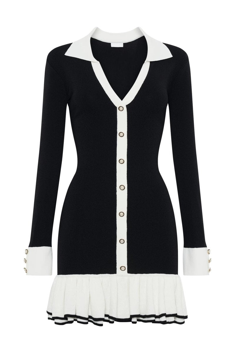 Alexia Kontrast Fırfırlı Fiyonklu Mini Triko Elbise