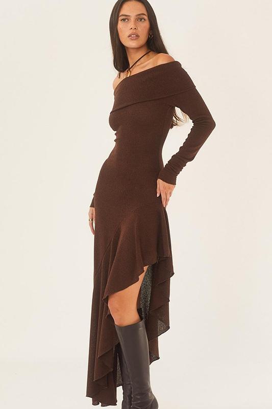 Alisa Omuz Dekolteli Midi Triko Elbise