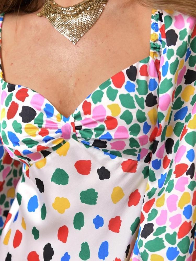 Alison Sweetheart Splice Baskılı Noktalı Uzun Saten Elbise