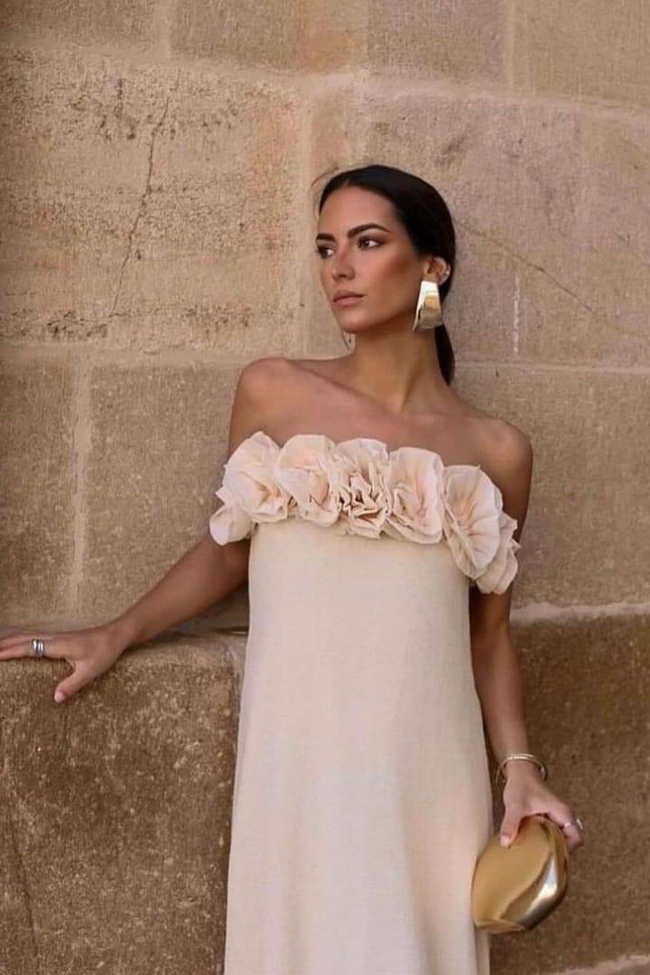 Alva Çiçekli Triko Straplez Uzun Elbise