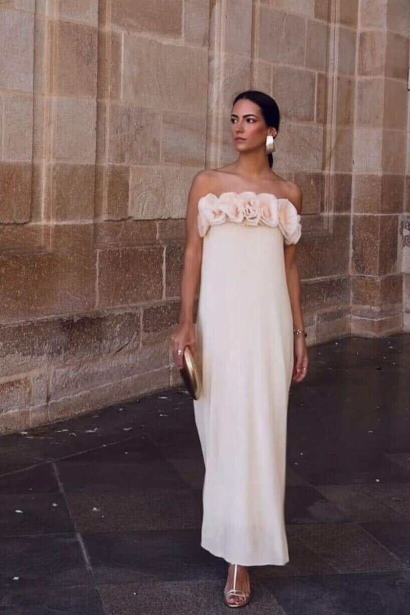 Alva Çiçekli Triko Straplez Uzun Elbise