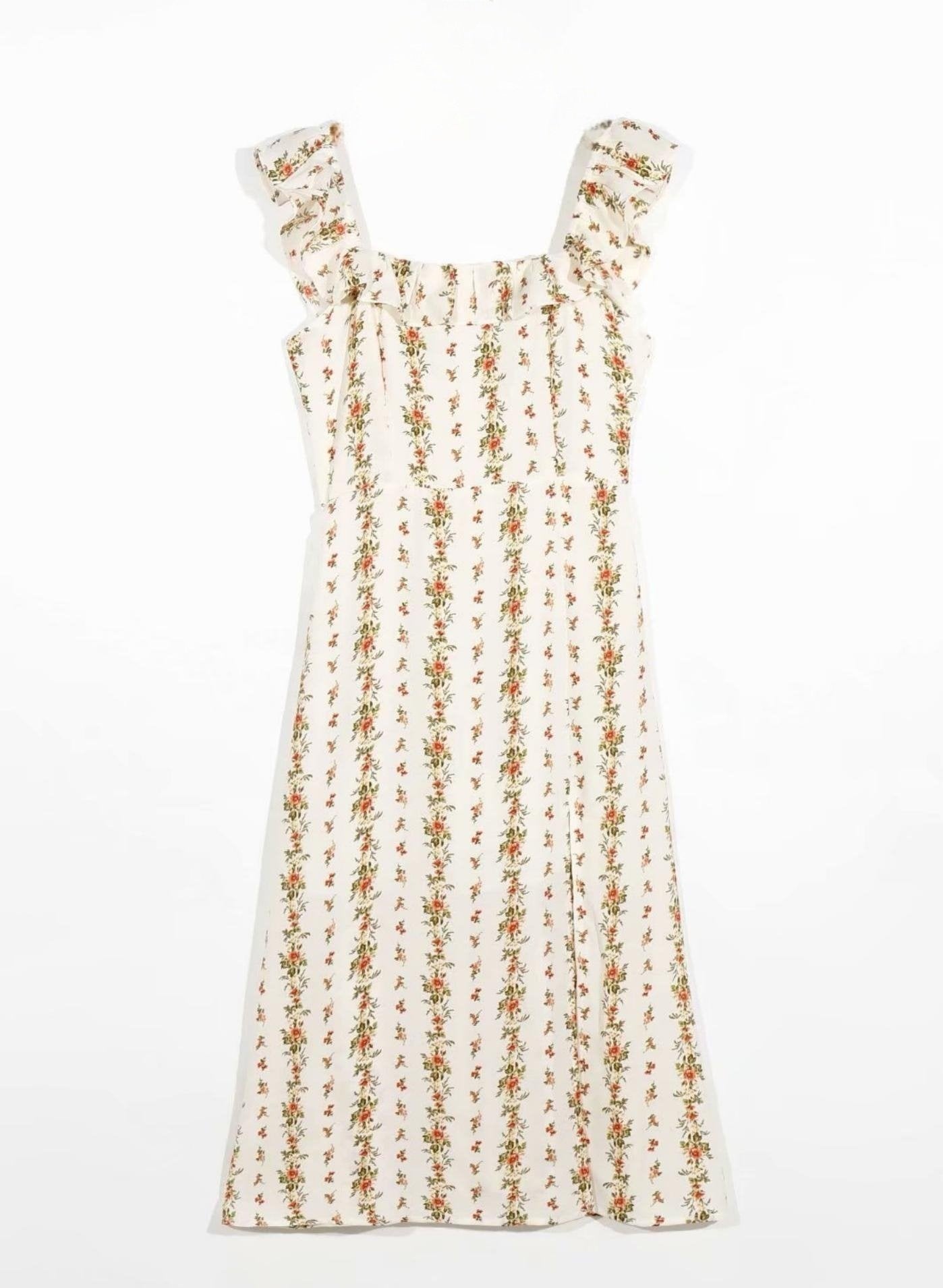 Alyss Baskılı Fırfırlı Askılı Yırtmaçlı Midi Elbise