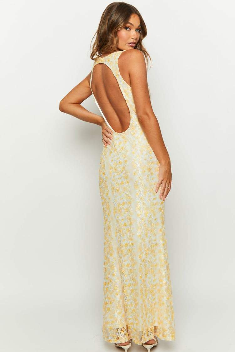 Amelia İşlemeli Dantelli Sırtı Açık Uzun Elbise